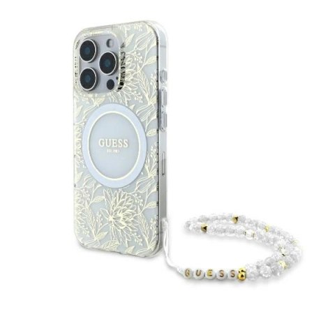 Etui Guess IML Flowers Allover Electro With Pearl Strap MagSafe na iPhone 16 Pro - białe