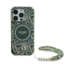 Etui Guess IML Flowers Allover Electro With Pearl Strap MagSafe na iPhone 16 Pro - zielone