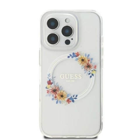 Etui Guess IML Flowers Wreath MagSafe na iPhone 16 - przezroczyste