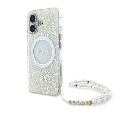 Etui Guess IML Flowers Allover Electro With Pearl Strap MagSafe na iPhone 16 Plus - białe