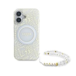 Etui Guess IML Flowers Allover Electro With Pearl Strap MagSafe na iPhone 16 Plus - białe