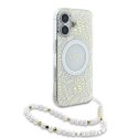 Etui Guess IML Flowers Allover Electro With Pearl Strap MagSafe na iPhone 16 Plus - białe