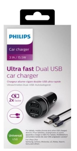 Philips Podwójna ładowarka samochodowa 5V/3.1A 15.5W - uniwersalna z kablem micro USB