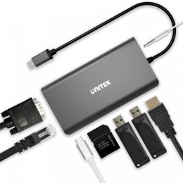 Unitek HUB 8-w-1 D1019A USB3.1 Typ-C + 2xUSB + HDMI + VGA + GIGA + SD