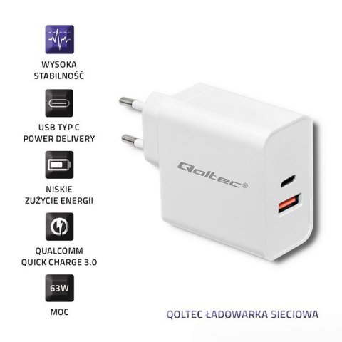 Qoltec Ładowarka sieciowa | 63W | 5-20V | 1.5-3A | USB typ C PD | USB QC 3.0 | Biała