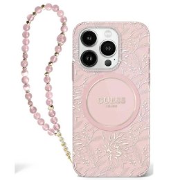 Etui Guess IML Flowers Allover Electro With Pearl Strap MagSafe na iPhone 16 Plus - różowe