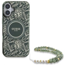 Etui Guess IML Flowers Allover Electro With Pearl Strap MagSafe na iPhone 16 Plus - zielone