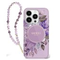 Etui Guess IML Flowers With Pearl Strap MagSafe na iPhone 16 Plus - fioletowe