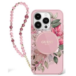 Etui Guess IML Flowers With Pearl Strap MagSafe na iPhone 16 Plus - różowe