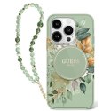 Etui Guess IML Flowers With Pearl Strap MagSafe na iPhone 16 Plus - zielone