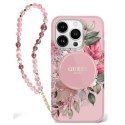 Etui Guess IML Flowers With Pearl Strap MagSafe na iPhone 16 Pro - różowe