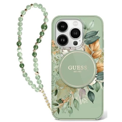 Etui Guess IML Flowers With Pearl Strap MagSafe na iPhone 16 - zielone