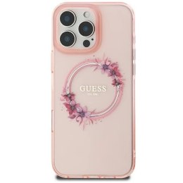 Etui Guess IML Flowers Wreath MagSafe na iPhone 16 - różowe