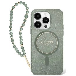 Etui Guess IML Glitter With Pearl Strap MagSafe na iPhone 16 Plus - zielone