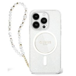 Etui Guess IML Glitter With Pearl Strap MagSafe na iPhone 16 Pro - przezroczyste