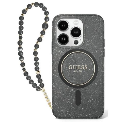 Etui Guess IML Glitter With Pearl Strap MagSafe na iPhone 16 - czarne