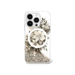 Etui Guess Liquid Glitter Flower MagSafe na iPhone 16 Pro Max - beżowe