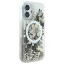 Etui Guess Liquid Glitter Flower MagSafe na iPhone 16 - beżowe