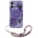 Etui Guess IML Flowers With Pearl Strap MagSafe na iPhone 16 Plus - fioletowe