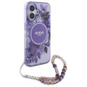 Etui Guess IML Flowers With Pearl Strap MagSafe na iPhone 16 Plus - fioletowe