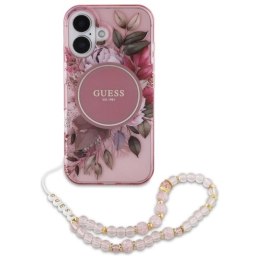 Etui Guess IML Flowers With Pearl Strap MagSafe na iPhone 16 Plus - różowe