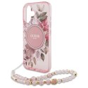 Etui Guess IML Flowers With Pearl Strap MagSafe na iPhone 16 Plus - różowe