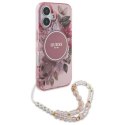 Etui Guess IML Flowers With Pearl Strap MagSafe na iPhone 16 - różowe